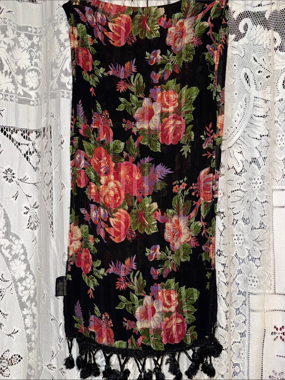 April Cornell Black Floral Tassel Scarf with Pink and Green Roses